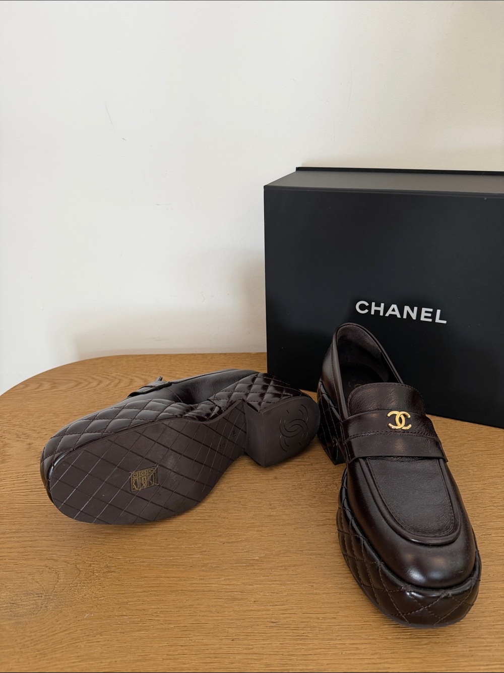CHANEL Brown Quilted Platform Penny Loafers with Gold CC - Picture 3 of 9